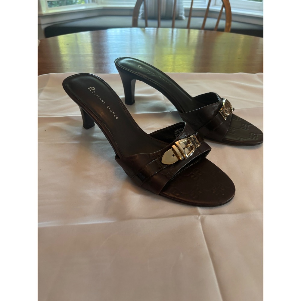 Vintage Etienne Aigner E-Hartford Dark Brown Leather Buckle Kitten Heel Mules 9M